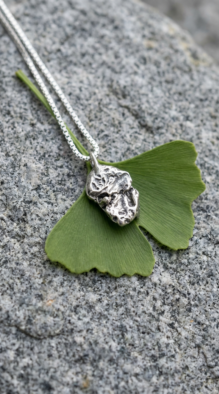 Rå sølvvedhæng på granit